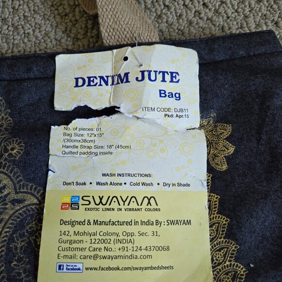 Brand New Indian Denim Jute Bag with gold Pattern, Made in India - Picture 8 of 8